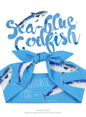 Miri原创手工蓝色鳕鱼印花铁丝兔耳朵韩国宽大发带女丝巾发箍头饰