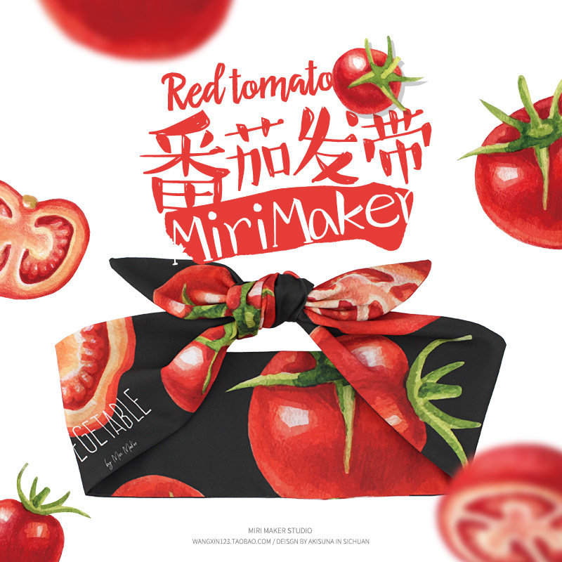 原创设计番茄红黑印花铁丝发带