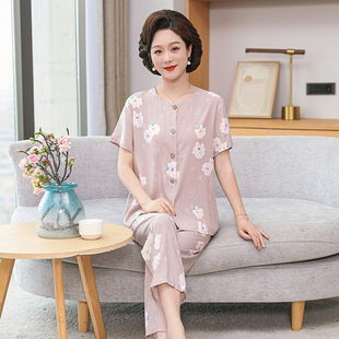 空调中老年妈妈家居服 棉绸睡衣女夏季 短袖 长裤 人造棉可外穿加大码