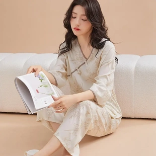 新中式 复古风仿真丝中国风家居服 睡衣女春秋新款 冰丝绸缎绵绸夏季