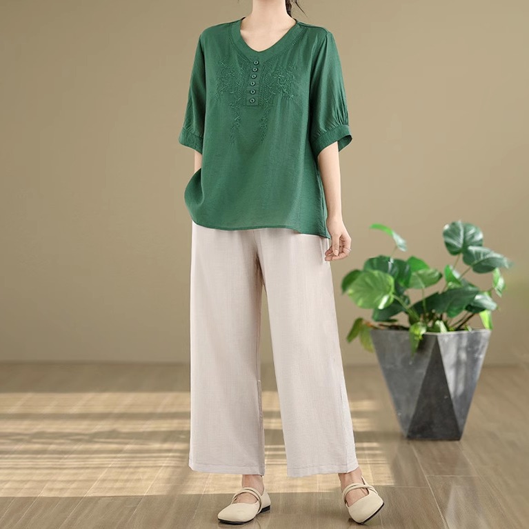 天丝麻套装刺绣短袖七分裤家居服