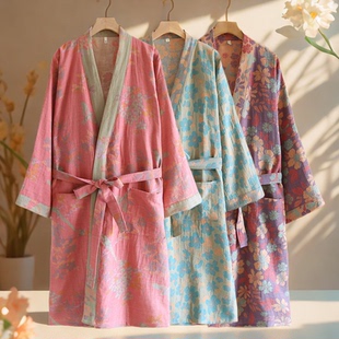 春秋款 100全棉睡袍女士睡衣纯棉纱布浴袍长袖 夏睡裙汗蒸服家居服