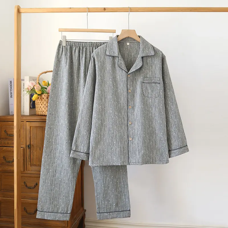 复古翻领条纹情侣睡衣女纯棉纱布春秋薄款长袖男士全棉家居服套装