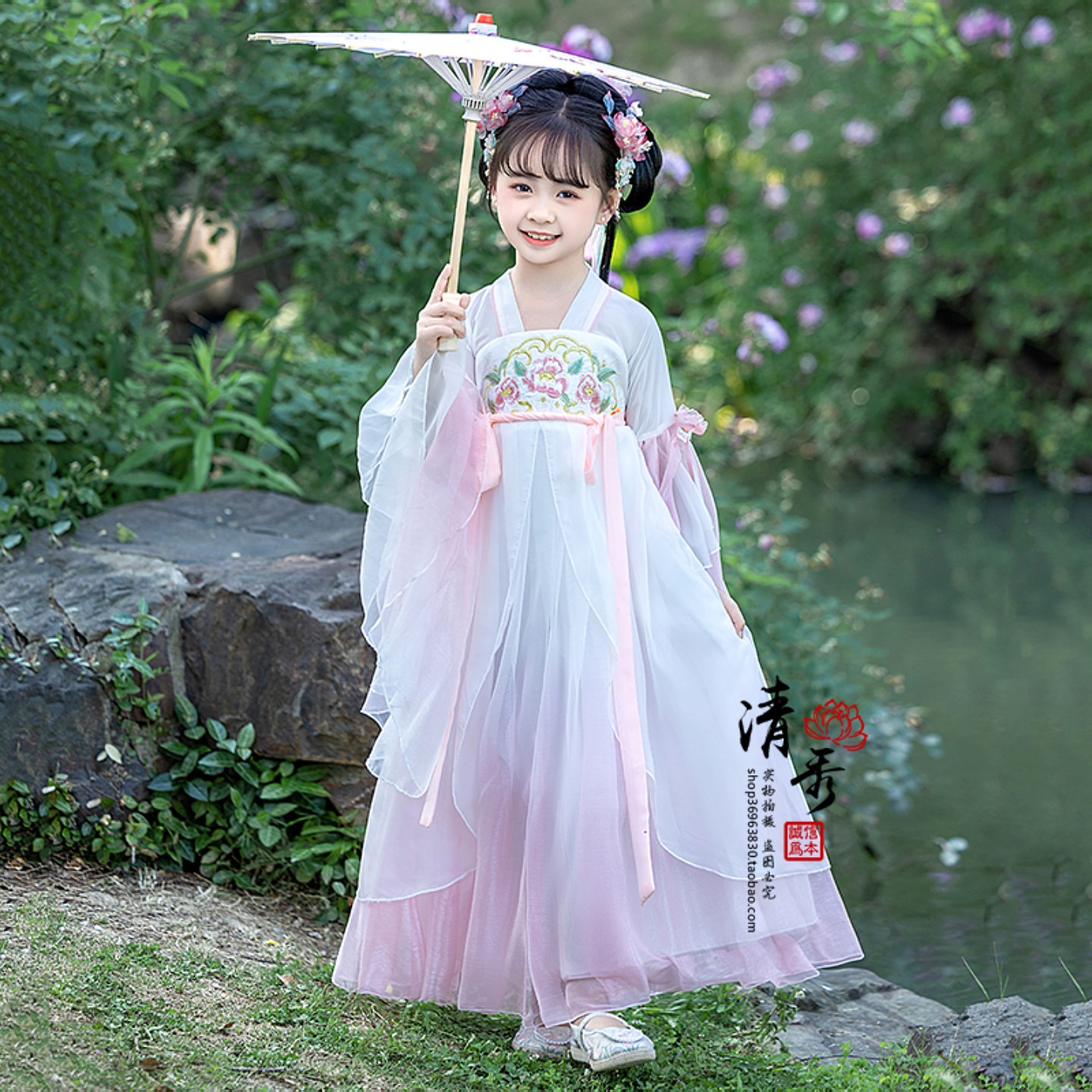 汉服女童春夏原创古风超仙女孩襦裙中国风唐装儿童古装古筝演出服