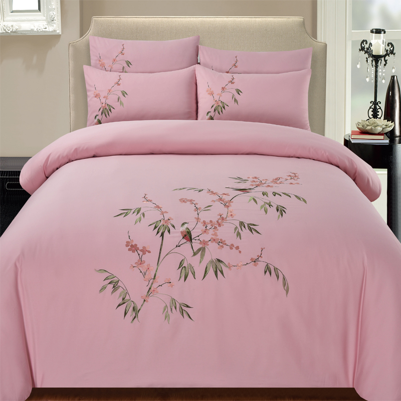 外贸新中式刺绣长绒棉ins四件套