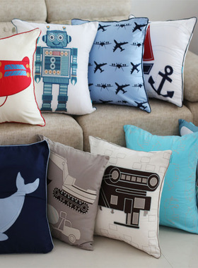 外贸出口澳洲品牌绣花卡通淡蓝色飞机装饰枕男孩抱枕靠佃(含芯)