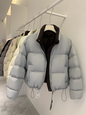 灰蓝色拼色羽绒服女短款立领新国标90白鸭绒面包服加厚超好看外套