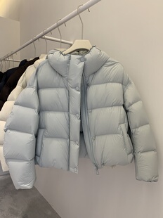 韩国浅蓝色2025新款羽绒服女短款连帽95白鸭绒泡芙面包服加厚外套