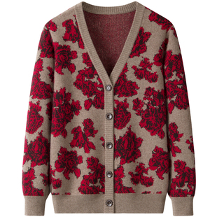 100纯山羊绒开衫女 中老年V领加厚秋冬防寒保暖 针织外套上衣毛衣