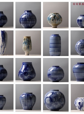 中式蓝色系陶瓷花瓶花器家居桌面装饰样板房桌面茶几陶瓷工艺品