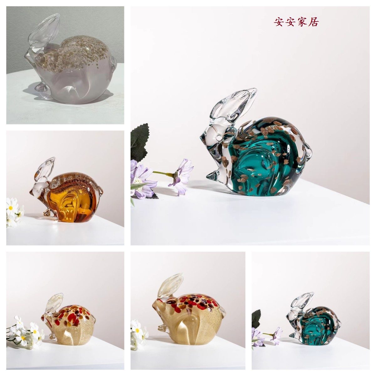 现代简约创意琉璃兔子摆件全手工作样板房售楼处桌面家居软装饰品