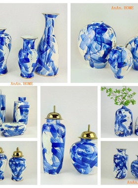 创意陶瓷花瓶新中式复古青花瓷瓶客厅装饰插花瓷器样板房售楼处