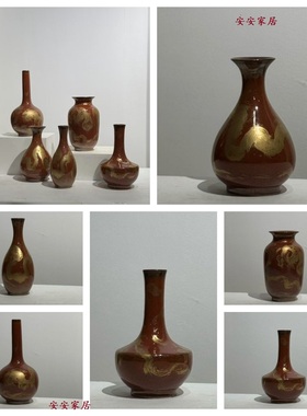 中式深红色陶瓷花器花瓶人工描金陶瓷工艺品桌面玄关茶几软装饰品