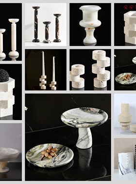 现代简约大理石花器石材烛台样板房家居桌面背景墙玄关软装饰品