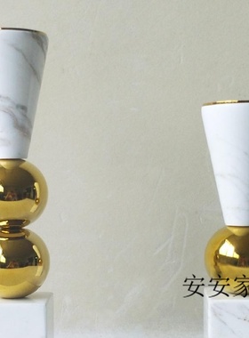 欧式风样板房大理石烛台金属摆件