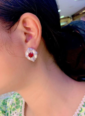 白母贝锆石耳钉仿祖母绿色系优雅宝蓝色红色系耳钉925银锆石耳饰