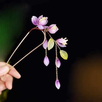 紫藤花簪子古风U型发簪盘发发钗古装唐风汉服后压头饰流苏步摇女