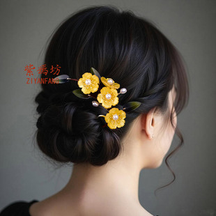 超仙黄色花朵发梳插梳小发钗发簪女U型古风汉服后压头饰盘发旗袍