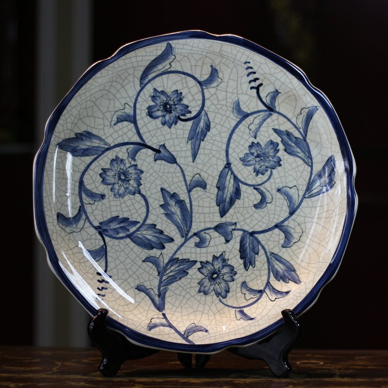 新中式青花瓷风白釉蓝彩陶瓷 纹饰款 圆形方形挂盘水果盘装饰盘