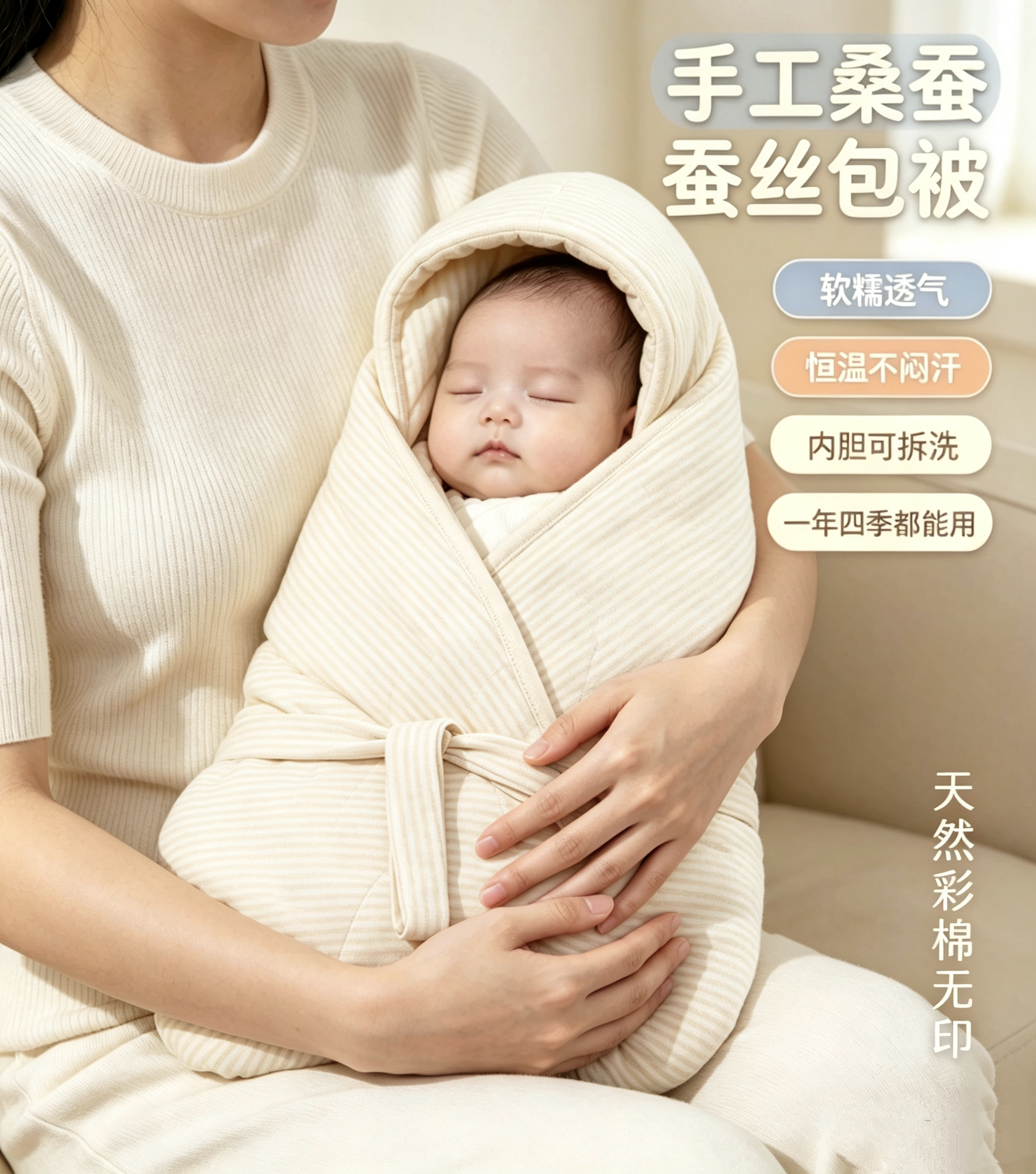 新生婴儿手工桑蚕丝抱被纯棉秋冬款加厚宝宝初生产房外出抱毯礼盒