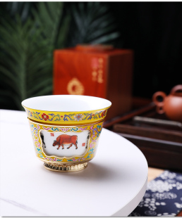 刘永森白瓷阳士琦景泰蓝掐丝珐琅彩瓷茶杯五牛聚福商务送礼品包邮