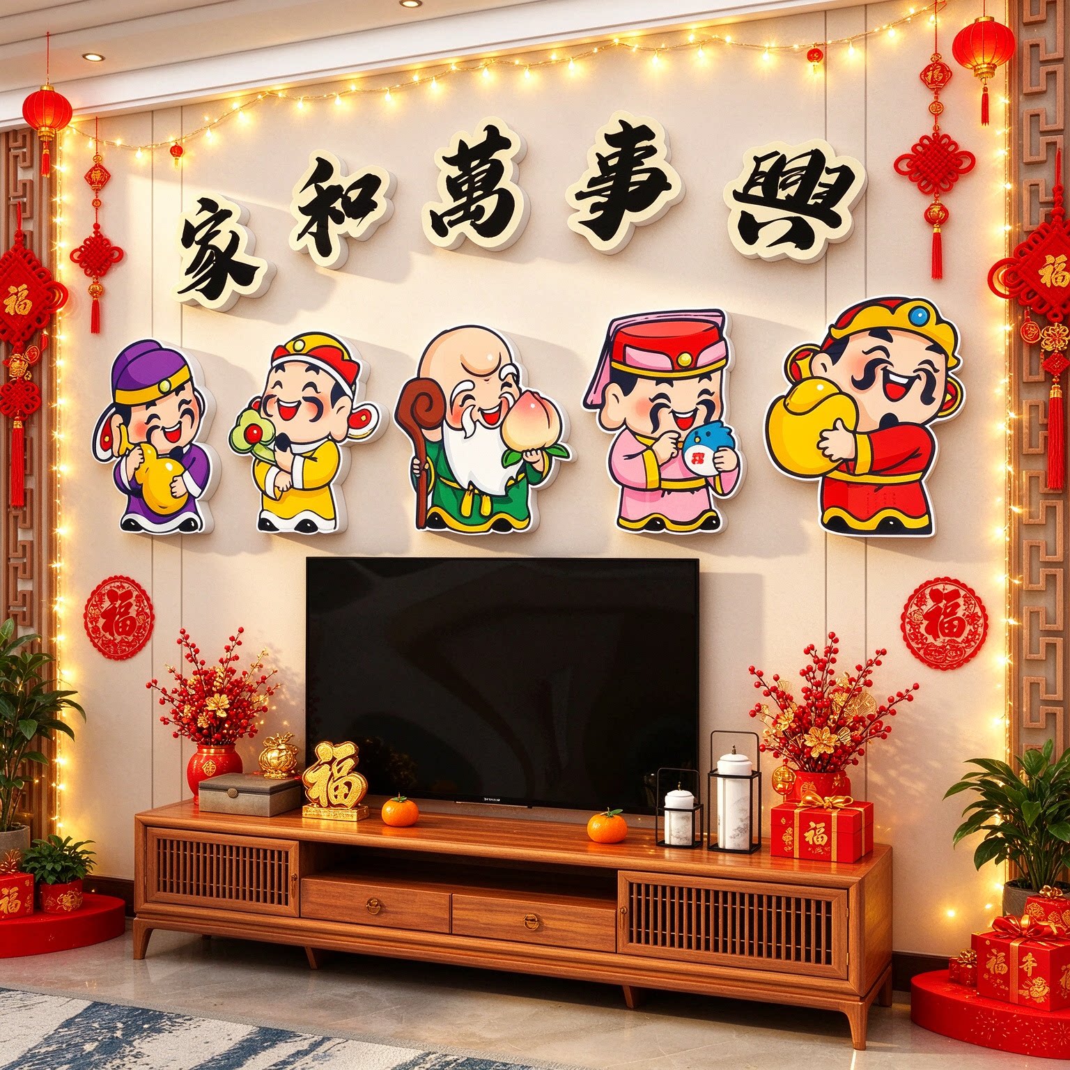 五福禄寿喜财神贴纸画临门口电视机背景墙面装饰品上方家和万事兴