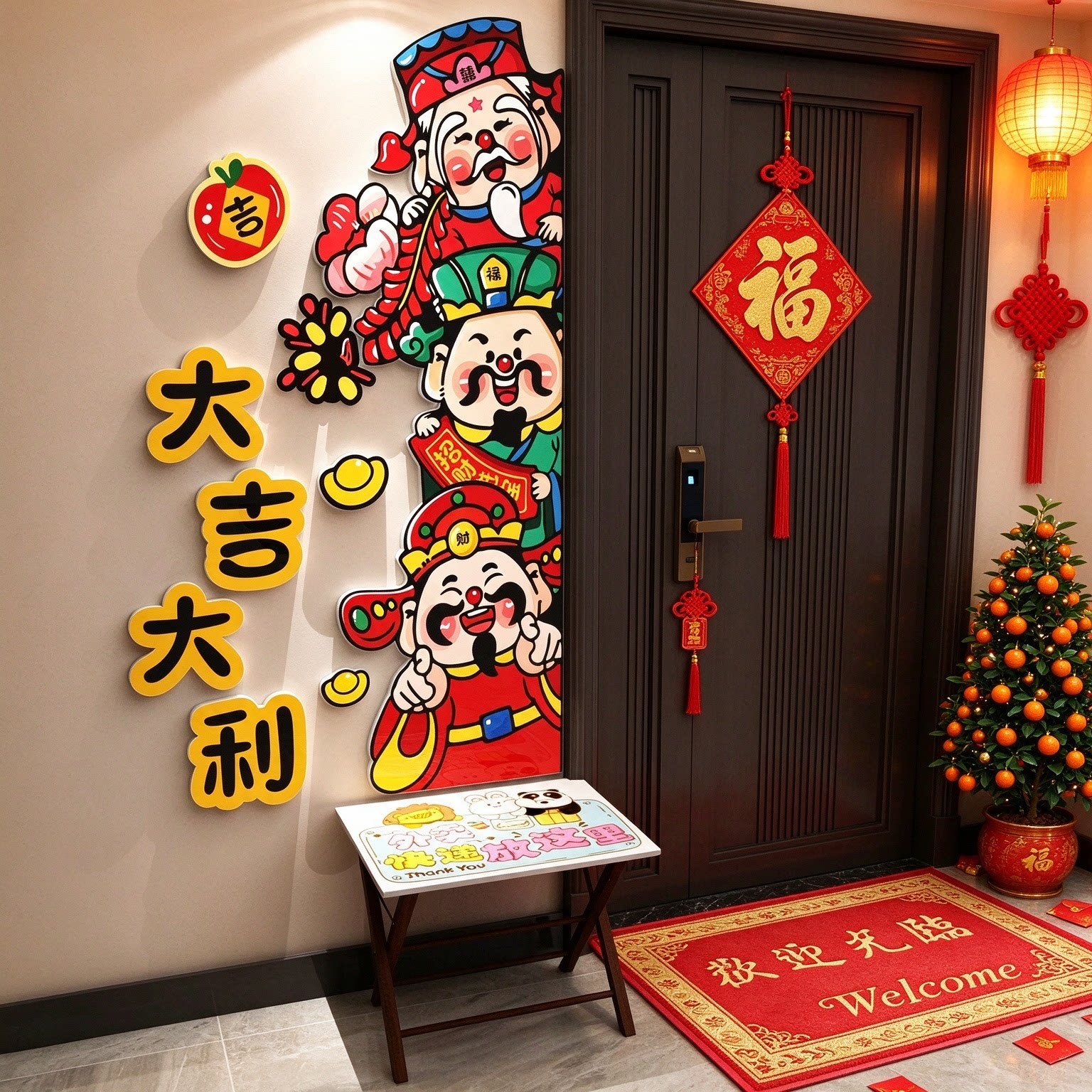 五福禄寿喜财神玄关挂墙贴