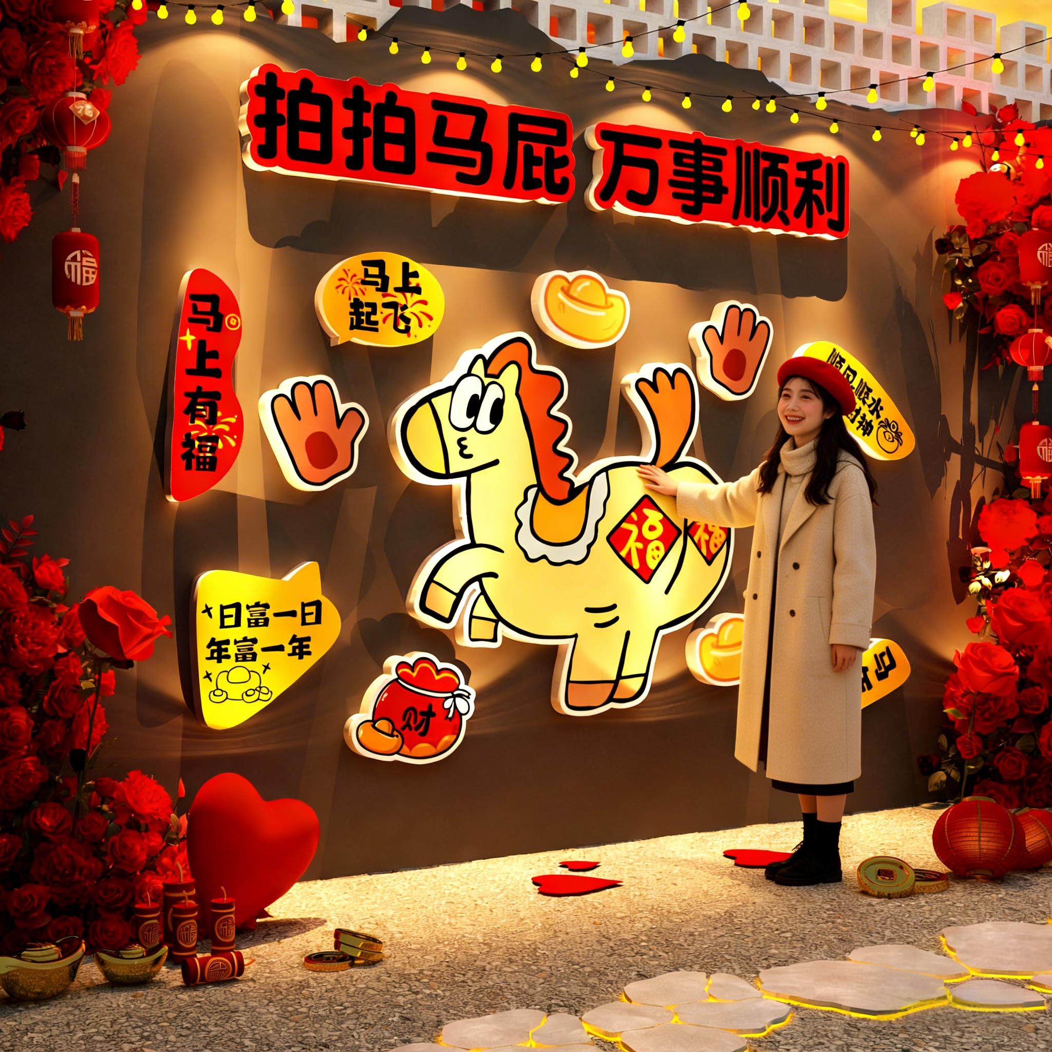 拍马屁打卡墙新年氛围布置装饰品2026快乐贴过春节网红小院造景场,家居饰品,软装墙贴,淘宝优惠券,粉丝福利购,淘宝优惠卷