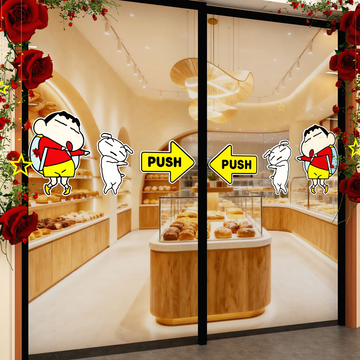 蜡笔小新推拉玻璃门防撞贴纸指示装饰创意蛋糕烘焙店铺装饰贴厨房