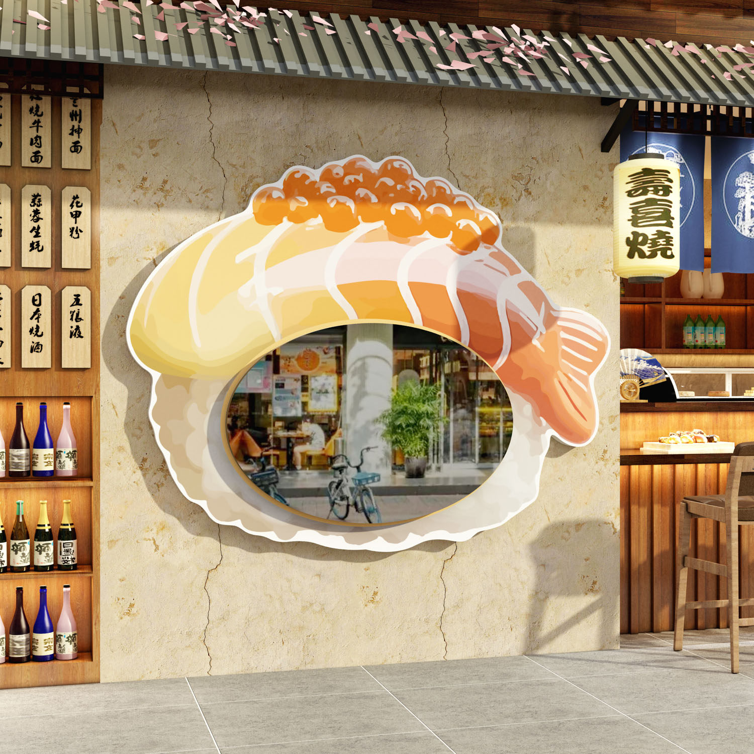 网红镜子寿司店铺墙面装饰画餐饮日料理式广告海报贴纸文化画背景