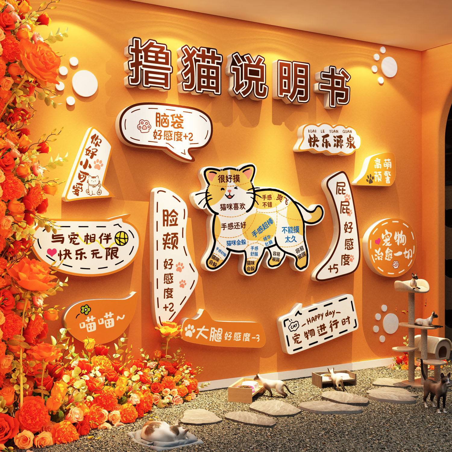 网红撸猫咪说明书馆咖贴纸打卡氛围布置形象部位墙面宠物店装饰图