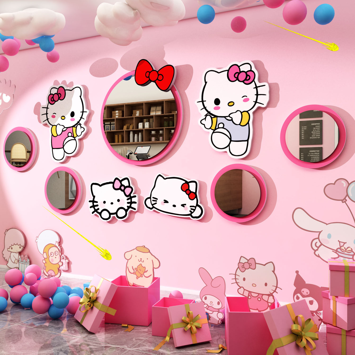 HelloKitty网红镜子打卡拍照区咖啡蛋糕店馆墙面装饰氛围布置形象
