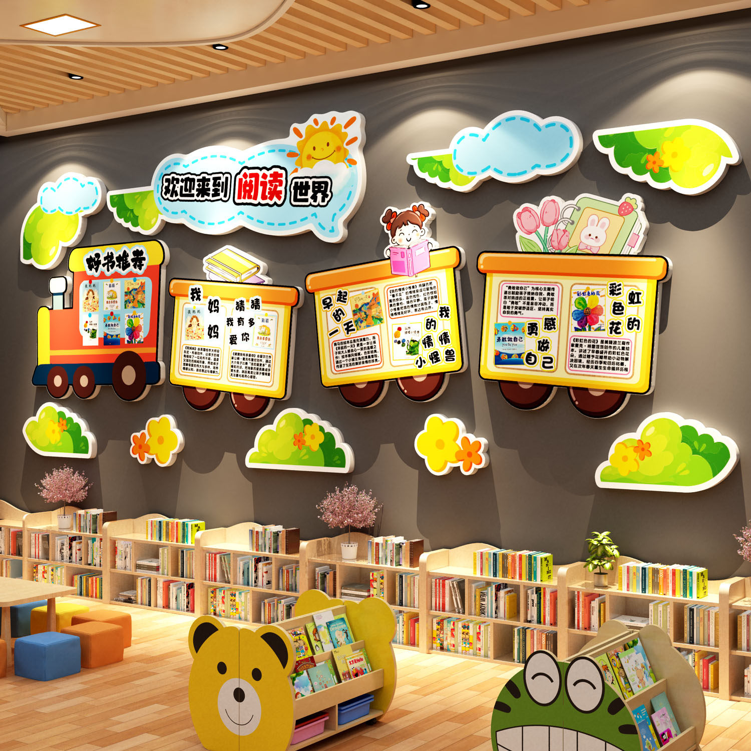 绘本馆墙面装饰环创图书角布置幼儿童园阅读区材料贴文化节月场景