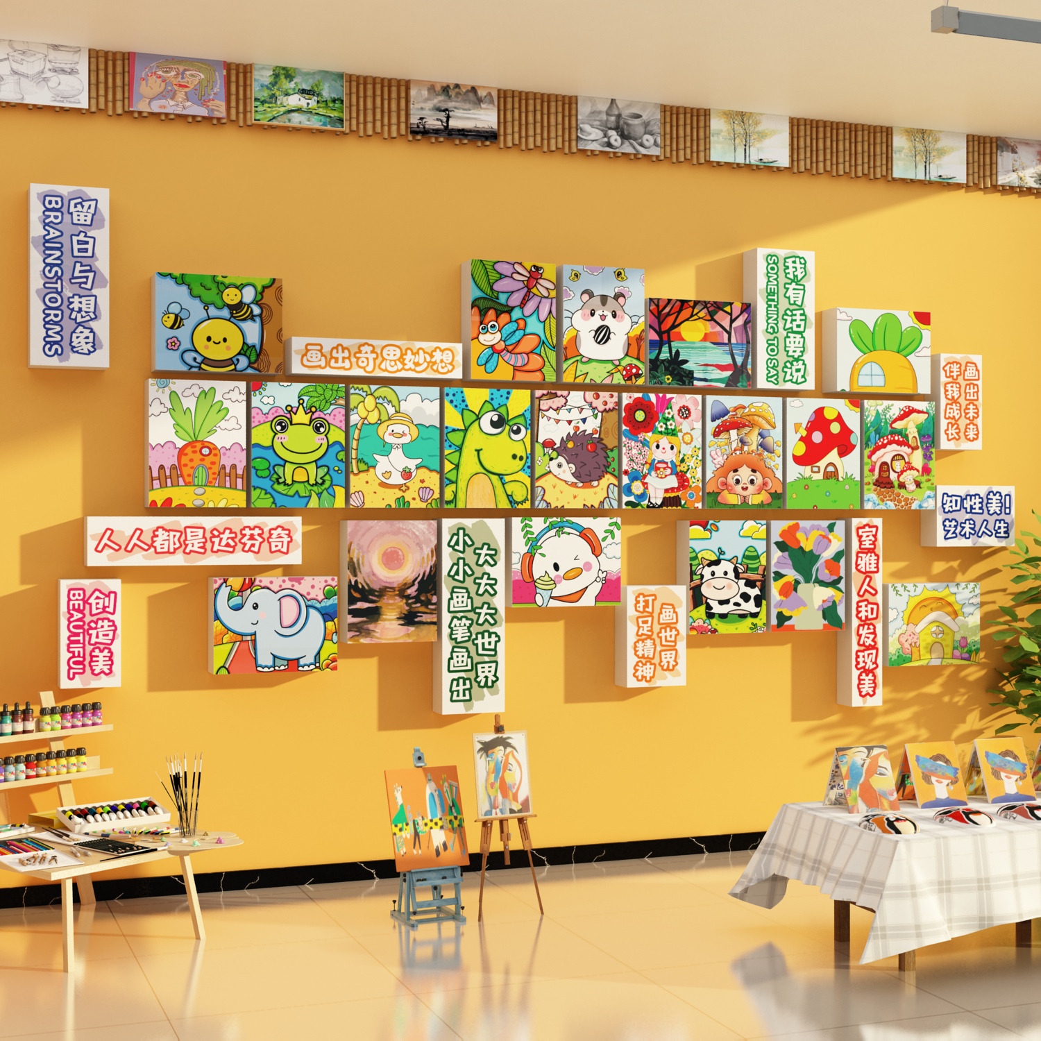 画室氛围布置美术教室装饰墙面培训机构环创幼儿园主题成品展场景