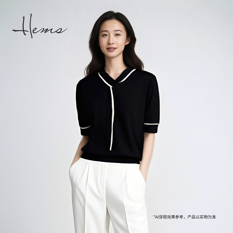 海尔曼斯25早秋新品简约通勤高智衣橱系列V领短袖针织衫D2904A91