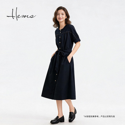 海尔曼斯26春季新款体制内高智感通勤圆领短袖收腰连衣裙24630A8Q