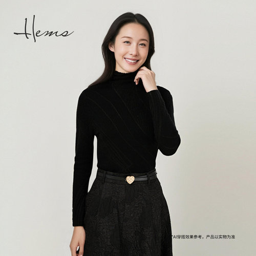 海尔曼斯25秋冬新品通勤百搭系列提花半高领羊毛打底衫女D4960B41