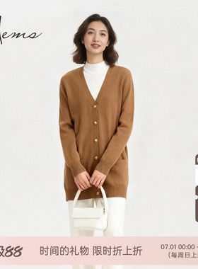 海尔曼斯25冬季新品通勤百搭衣橱长款V领软糯羊绒开衫女D0936B79