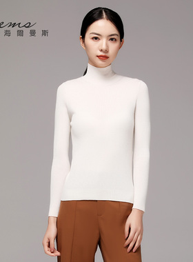 海尔曼斯春季羊毛衫女白色半高领薄款修身打底内搭长袖毛衣