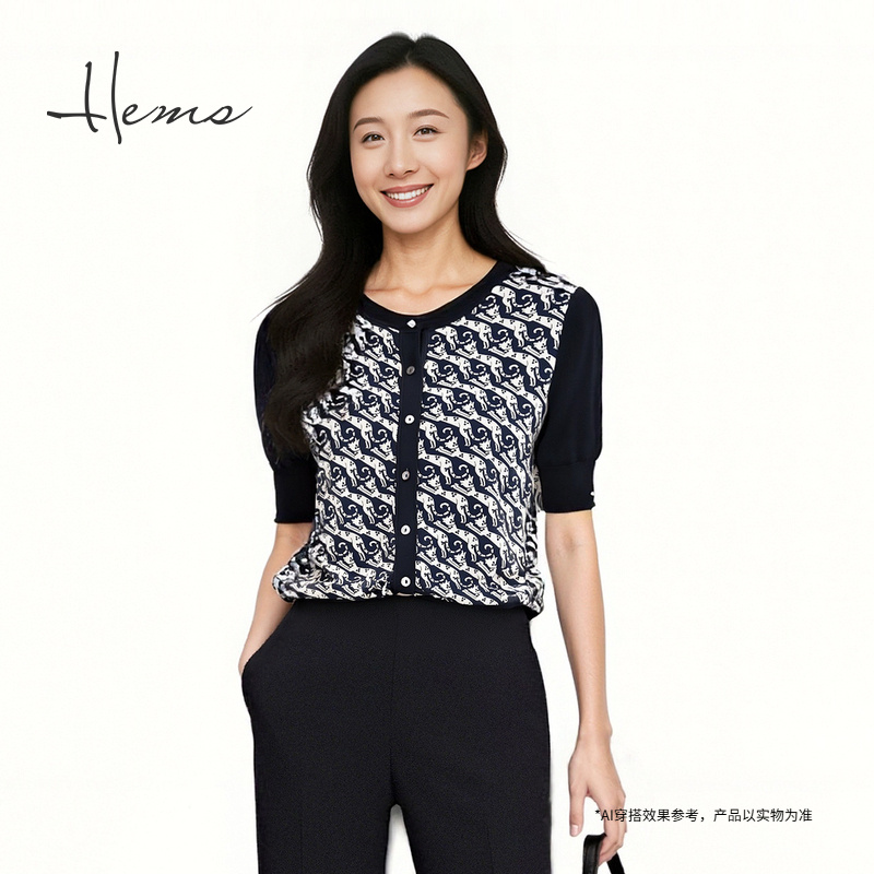 海尔曼斯春夏新品桑蚕丝针织拼接复古印花轻薄云感小衫女21B27C6V