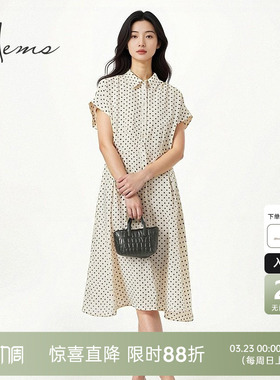 海尔曼斯春夏浪漫复古波点收腰显瘦衬衫领短袖连衣裙D1609C64