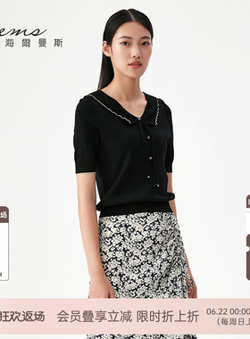 【门店同款】海尔曼斯V领短袖针织黑色撞色设计感上衣女时尚百搭