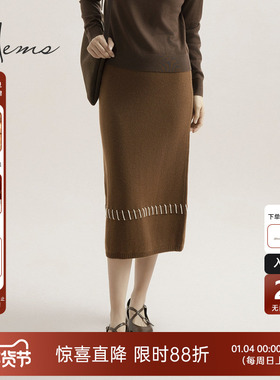 海尔曼斯25春新款羊绒裙中长款显瘦针织半身裙简约通勤210F8B7