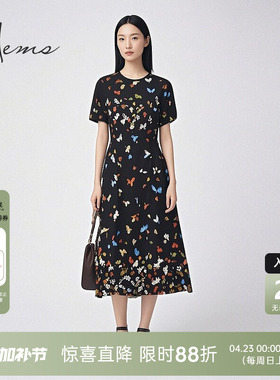 海尔曼斯春夏彩蝶舞高弹收腰圆领短袖桑蚕丝长款连衣裙D1601C64