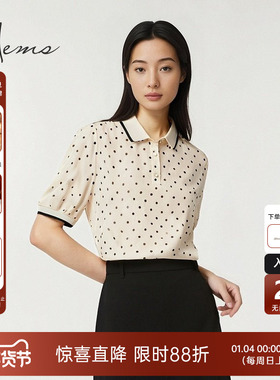 海尔曼斯25春夏新品复古老钱风Polo领桑蚕丝短袖小衫女25622C6V