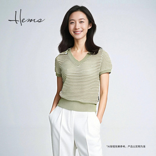 海尔曼斯春夏新品 T恤女24018C9E 法式 V领镂空简约通勤度假针织短袖