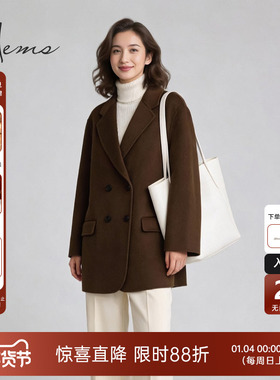 海尔曼斯25冬季新品精英衣橱高智感羊毛翻领短款毛呢外套21605B48