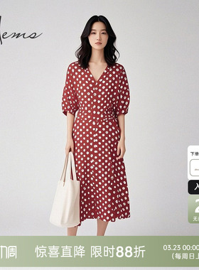 海尔曼斯春夏赫本风法式复古波尔卡波点V领长款连衣裙D1615A65