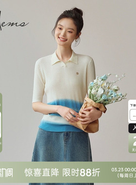 海尔曼斯25春夏渐变慵懒通勤Polo领柔肤云感羊毛针织衫女25014A4E