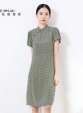 海尔曼斯复古旗袍风桑蚕丝真丝连衣裙法式修身气质女长裙22836C9Q